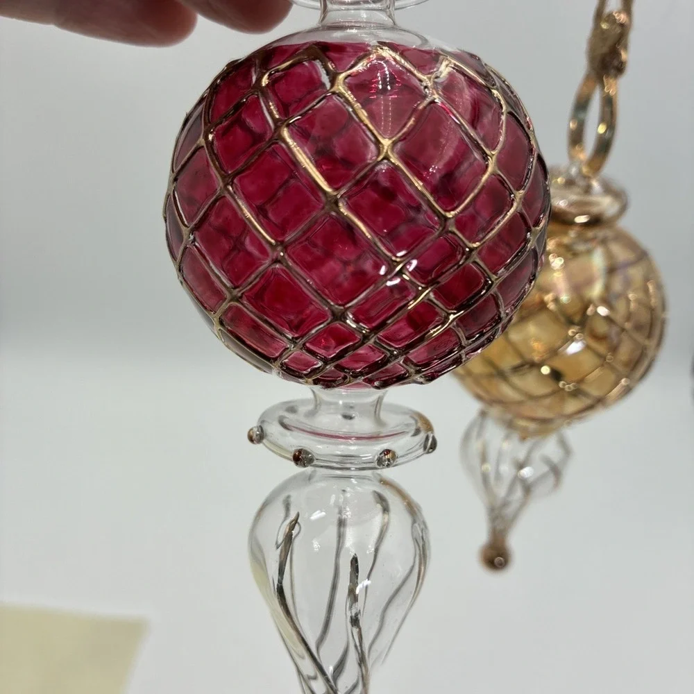 Vintage Hand Blown Glass Finial Christmas Ornaments Red Gold Lattice Set of 2